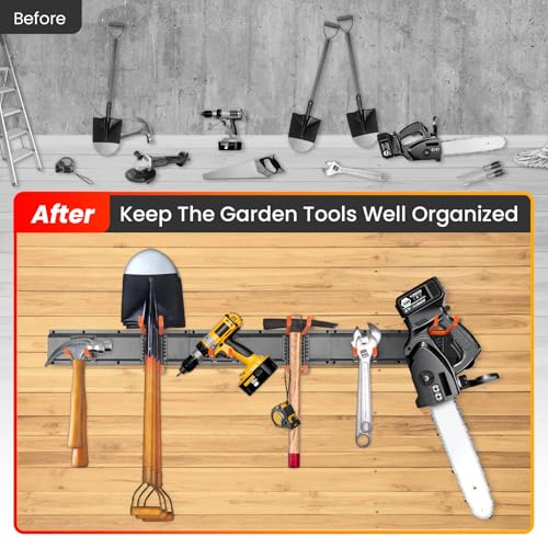 ELECROW Garage Storage Organizer, Wall Mount Rack with 6 Adjustable Hooks, 48 Inches Adjustable Garden Tool Organization, Heavy Duty for Garden and Yard Tool Storage