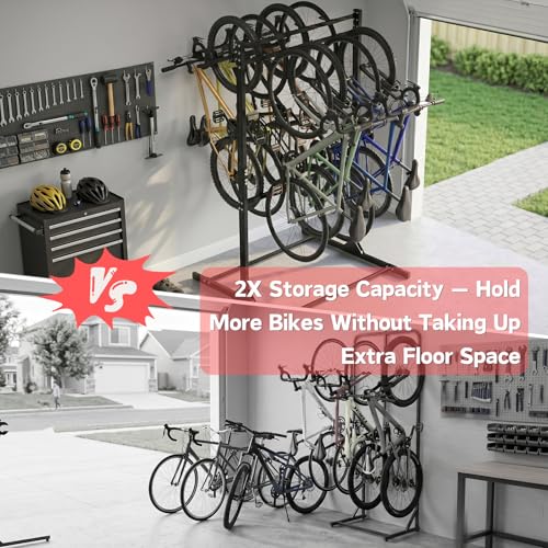LAJIAOZ Vertical Bike Rack, 8 Bike Freestanding Storage System, Heavy Duty Floor Stand for Garage & Indoor Use, Adjustable Staggered Design for Mountain, Road, and Kids Bikes, 300 lb Capacity