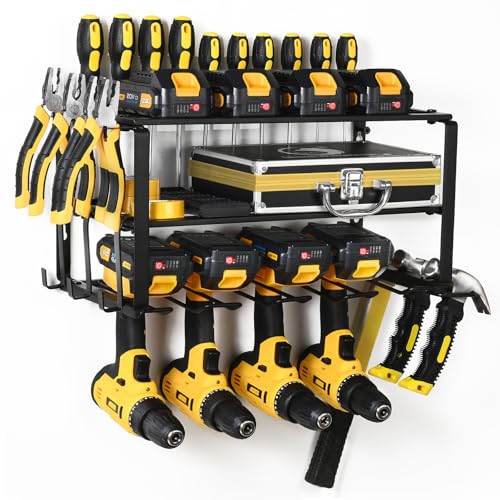 YHYLWJ Wall Mount Power Tool Organizer, 3 Layers Garage Wall Organize with 4 Cordless Drill Holders, Storage Rack for Workshop/Garage, 150Lbs Load Capacity, Heavy Duty Iron, Matte Black