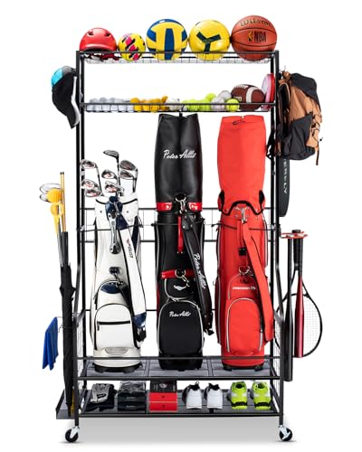 FHXZH Golf Bags Storage Garage Organizer - Stand for 3 Golf Bags, Clubs, and Equipment Accessories with Wheels