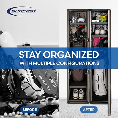 Suncast Garage and Golf Storage Organizer – Golf Rack and Bag Storage, Hall Tree with Shoe Cubby, Heavy-Duty Resin Locker Cabinet with Adjustable Shelves, Lockable, for Golf Equipment, Made in the USA