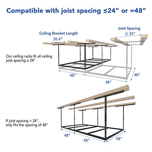 FLEXIMOUNTS 4x8 Overhead Garage Storage Rack without Decking,plus 2-Pack Add-On Storage Utility Hook Accessory,600lbs Weight Capacity,Black