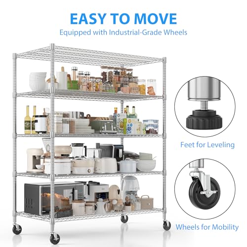 Homdox 5 Tier Heavy Duty Storage Shelves, Wire Shelving Unit with Wheels, Commercial Adjustable Metal Shelves for Storage, Garage Rack Pantry Shelves Kitchen Shelving, 24"x 60"x 82", Chrome