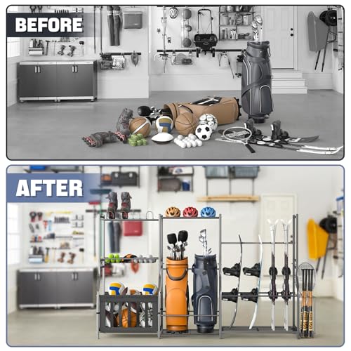 WALMANN Garage Sports Equipment Organizer Stand, Freestanding Ski & Snowboard Storage Rack with Ball Bin and Golf Bag Holder, Multi-Sport Storage for Garage