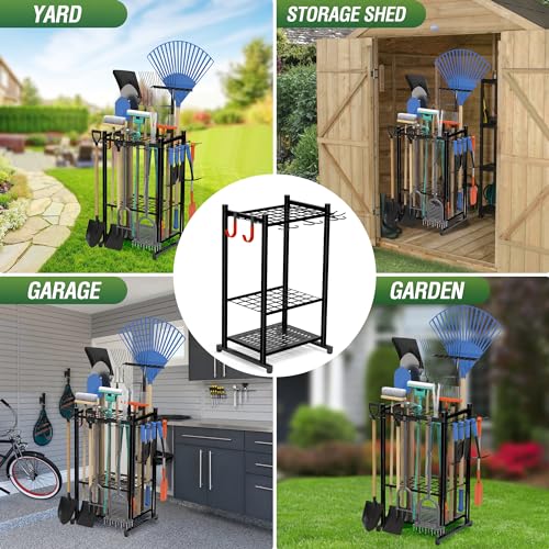 Sttoraboks Garden Tool Organizer Rack Up to 50 Tools, Heavy-Duty Steel Yard Tool Organizer for Garage Storage with 11 Hooks, Broom Holder & Garden Tool Rack for Shed, Patio, Outdoor Use, Black