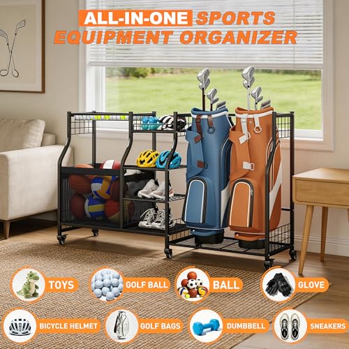 Ultrawall Sports Equipment Organizer with Wheels, Golf Bag Stand for Garage, Ball Storage Rack, Golf Bag Holder, Kids Toy Storage for Indoor/Outdoor