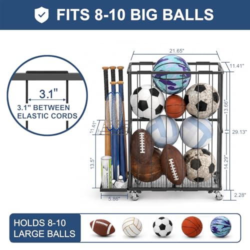 Ball Storage Rack with Wheels, Rolling Ball Organizer for Garage with Side Bat Holder, Basketball Holder for Soccer and Football Sports Equipment Organizer Toy Storage for Gym Playroom,Black