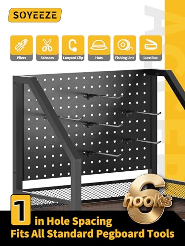 SOYEEZE Fishing Rod Holders for Garage, Fishing Pole Holders Up to 12 Rods with Pegboard and Hooks,Rolling Fishing Cart with Wheels, Fishing Gear Storage For Tackle Box & Reel Organization