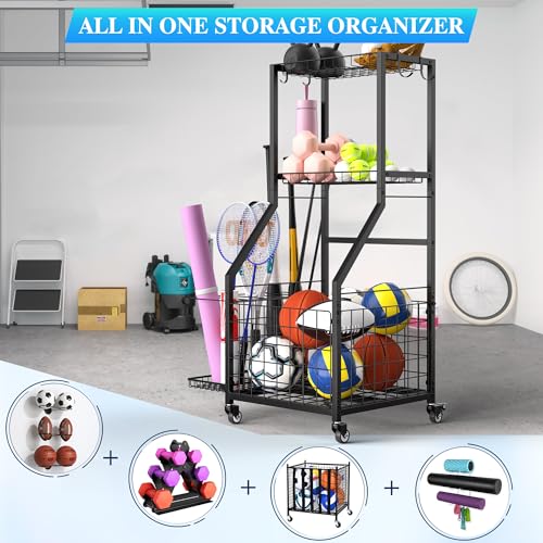 DUDUXI Sports Equipment Garage Organizer,Garage Ball Storage Rack for Sports with Wheels-Upgraded 3 Layers Sports Organizer Rack Outdoor Basketball Racks for Balls with Holder and Hooks
