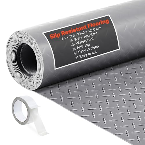 VEVOR Garage Floor Roll, 7.5 x 17 ft Garage Flooring Mat, 2.2 mm Thickened PVC Diamond Plate Floor Protector Mat with Double-Sided Tape, Non-Slip, Easy to Clean for Warehouse, Gyms,Silver Gray