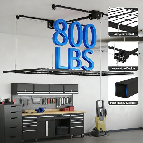 ExploreHorizon 4x8 FT Overhead Garage Lifting Storage Rack, 800 lbs Capacity & 12FT Lifting, Heavy-Duty Metal Garage Ceiling Rack, Dual Mode Lifting, Adjustable Storage System with Safety Lock