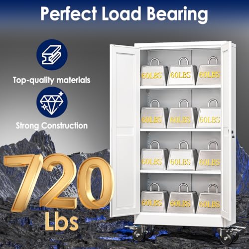 erosoei 61" H Metal Garage Storage Cabinet, Rolling Tool Cabinet with 2 Doors and Wheels, Locker Steel Cabinet with 3 Adjustable Shelves, Organization Cabinet for Garage,Office,Home,Gym,School（White）