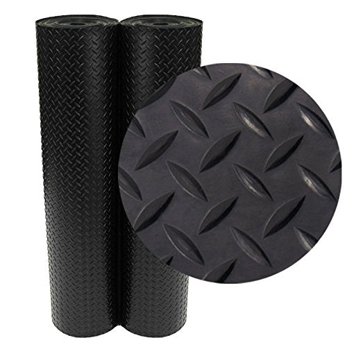 Rubber-Cal Diamond-Plate Rubber Flooring Roll - 3 mm x 4 ft x 7 ft Roll - Black