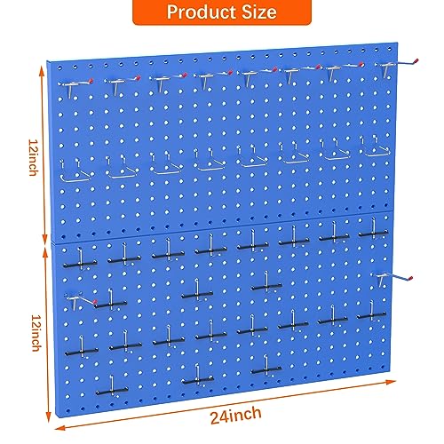 TORACK Metal Pegboard Wall Organizer 24" x 24" or 12" x 48", 70 PCS Tools Storage Pegboard for Garage Tool Organizer Pegboard with Peg Board Hooks for Workbench(Blue)