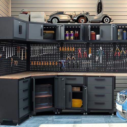 HPDMC 15-Piece Corner Garage Storage Cabinet System - Heavy Duty Workshop Set w/Corner Cabinet Includes Workbench, Pegboard & Lockable Drawers | Metal Tool Organization System for Garage/Workshop
