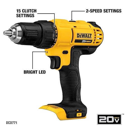 DEWALT 20V Max Cordless Drill Driver Set, 2 Speed, High Performance Motor, Includes 2 XR 1.3Ah Li-Ion Batteries, Charger and Contractor Bag (DCD771C2)