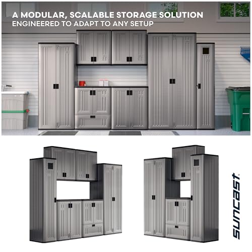 Suncast Tall Storage Cabinet for Garage Organization - 72" Freestanding Utility Closet with Shelving for Garden Supplies, Paint Cans & Outdoor Tools, Multi-Wall Resin Construction, Platinum