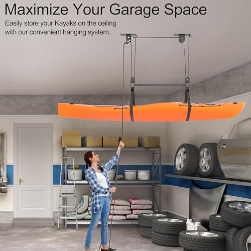 TRUSOON Kayak Hoist Pulley System for Garage, Durable Nylon Rope Ceiling Lift for 10-18 FT, Overhead Storage Rack for Canoe, Holds 150 LBS, Black