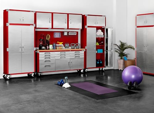 Seville Classics UltraHD 2-Piece Heavy Duty Mega Solid Steel Metal 2-Door Lockable Stacker Wall Storage, Cabinet Set Organizer for Garage, Office, Classroom, Red, 36" W x 18" D x 90.5" H