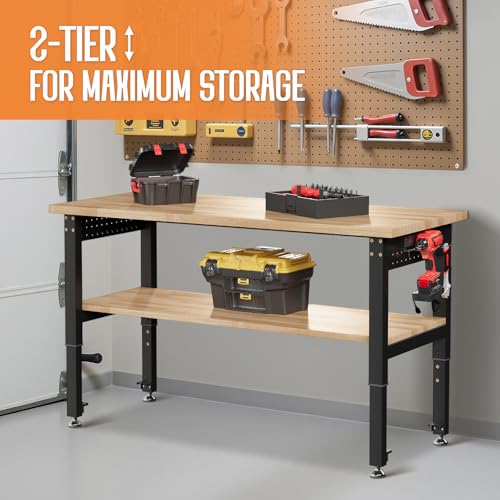 Albott 48" Adjustable 2-Tier Workbench with Solid Wood Top, Max 2500lbs Capacity, Built-in Power Strip with 4 AC Outlets & 2 USB Ports, Pegboard & 20 Hooks, Shop Garage Office