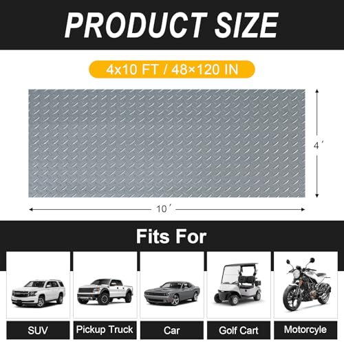 4x10FT Garage Floor Mat, 2.8mm Thickened Flooring Roll for Under Car, Golf Cart Parking Mat, Diamond Plate PVC Rubber Motorcycle Mat, Non-Slip Floor Protector for Garage Warehouse Trailer, Grey