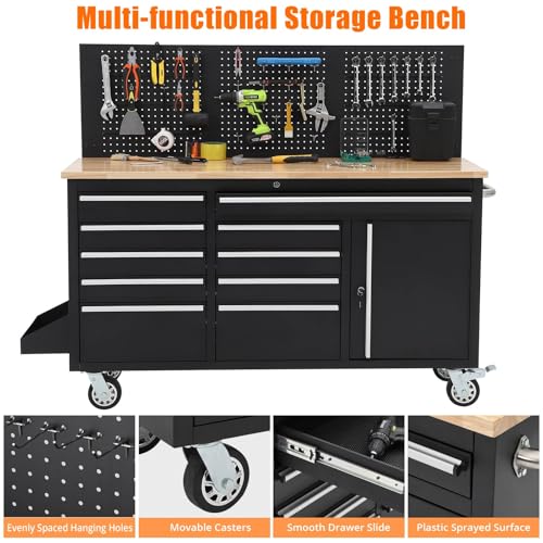 Garvee Rolling Tool Chest, 61 in Garage 10 Drawers Workbench Storage Tool Cabinet with Solid Rubber Wood Top, Power Strip, 1675 LBS Load Mobile Workstation, Heavy Duty Rolling Cabinet, Black