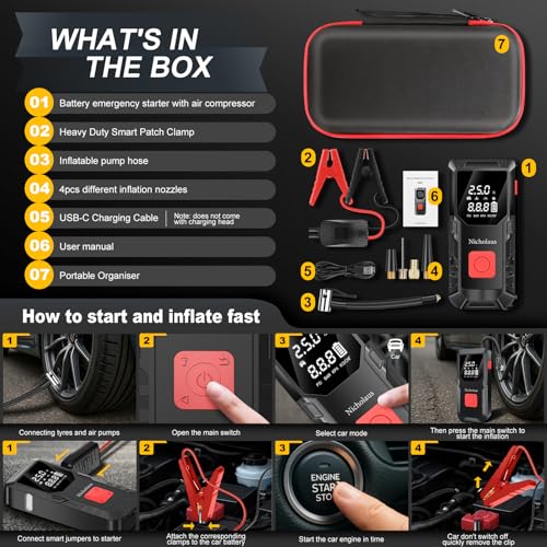 Nicholaus 12 V Car 8000 mAh Battery Jump Starter 2800A with 150psI Air Compressor, Compact and Practical Edition QB08L Safe Smart, Portable Jump Box and Charger for 6.0L Gas and 3.0L Diesel Engines.