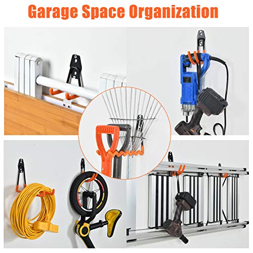 AOBEN 24PCS Garage Hooks, Heavy Duty Double Garage Hanger Organizer Wall Mount Iron Anti-Slip Garage Storage Hooks for Ladder, Power Tool,Bike,Ropes（23 Hooks & 1 hoder Strap-Orange