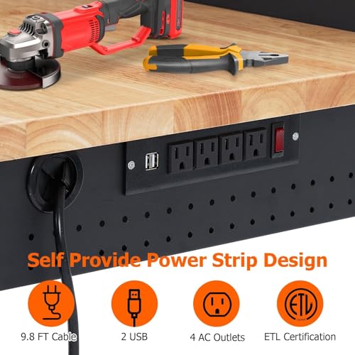 48" Adjustable Workbench with Wheels, 2000 LB Capacity, Power Outlets, Solid Hardwood Top, Heavy Duty Garage Work Table for Workshop, Home Office, DIY