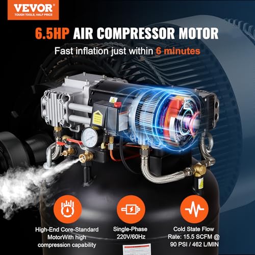 VEVOR 80 Gallon Air Compressor, 145PSI Oil Free Stationary Compressor Tank, 6.5HP 15.5SCFM@90 PSI, Quiet Compressor for Industrial Manufacturing, Workshops (220V/60Hz Single-Phase Power)