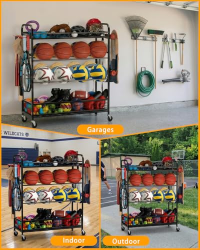 EXTCCT Garage Sports Equipment Organizer - Rolling Ball Storage Bin with Wheels, Garage Sports Gear Rack Outdoor Basketball Racks for Balls with Baseball Bat Holder and Hooks, Toy Organizer