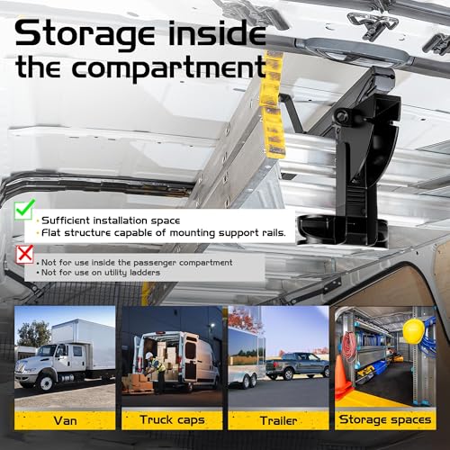 Van Interior Ladder Storage System Utilizes Overhead and Interior Sidewall Space,Alloy Steel Material, Includes System and Mounting Kit; Ladder Rack for Van, Trailers,or Truck Caps