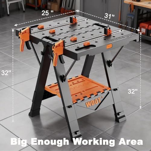 WDOT 2-in-1 Folding Work Bench & Sawhorse, Easy Setup Portable Work Table, 31" W x 25" D x 32" H, Laser-Engraved Scale,Lightweight Worktable with Large Load Capacity, 2 Clamps & 6 Bench Dogs