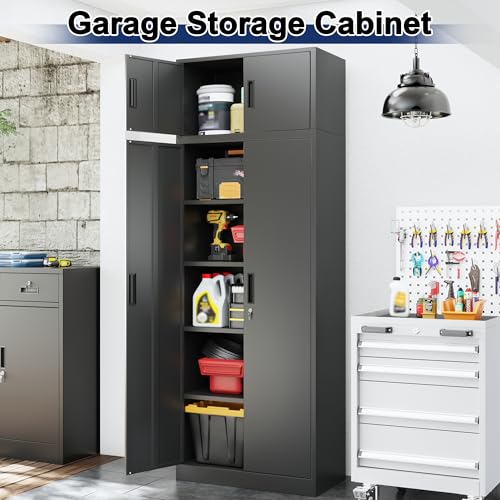 BESFUR Metal Storage Cabinet 87" H,Tall Locking Storage Cabinets with Top Cabinet and 4 Adjustable Shelves for Home Office, Garage,School, Apartment, Warehouse, Utility Room，Black