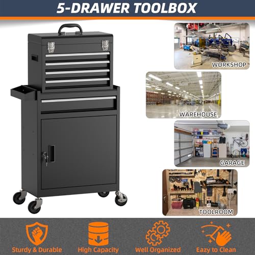 Granper 5-Drawer High Capacity Rolling Tool Box, Removable Cabinet Storage Tool Chest with Wheels and Drawers, Detachable Toolbox with Lock for Mechanics Garage Workshop and Tool Room (Black)