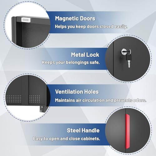Rumetol Metal Storage Cabinet with Wheels,71" Garage Cabinets with 4 Adjustable Shelves and Lockable Doors,Black Locking Cabinet Suitable for Garages,Home,Office