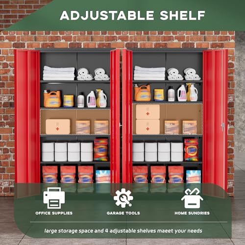 Greenvelly Metal Garage Storage Cabinet, 72" Black Red Tool Steel Locking Cabinet with Doors and 4 Shelves, Tall Cabinets for Garage Storage Systems Lockable File Cabinet for Home Office,Garage