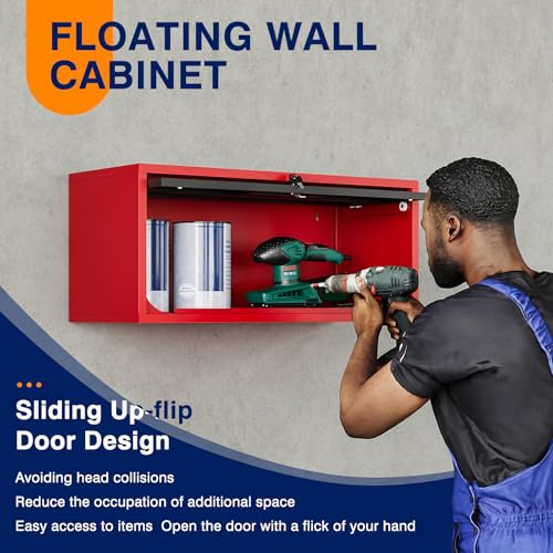Yizosh Metal Wall Cabinet with Doors, Wall Mounted Storage Cabinet, Floating Tool Cabinet for Kitchen, Basement, Warehouse (Red Black, 13.7" H)