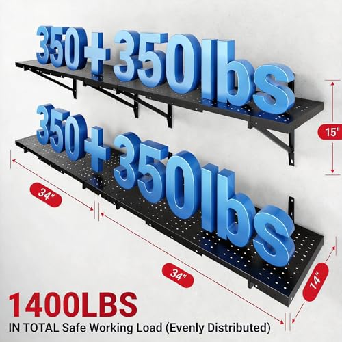 FLEXIMOUNTS 2-Pack 1x6ft Heavy Duty Garage Wall Shelving, Perforated Metal Garage Shelving Wall Mounted, 1400 lbs Capacity, Garage Organization System for Tools, Bins & Space Saving