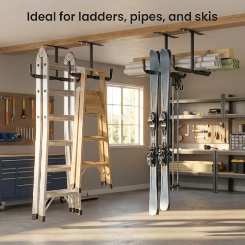 QWORK Overhead Ceiling Hooks Rack – Heavy Steel Storage Hangers for Garage, Workshop & Basement