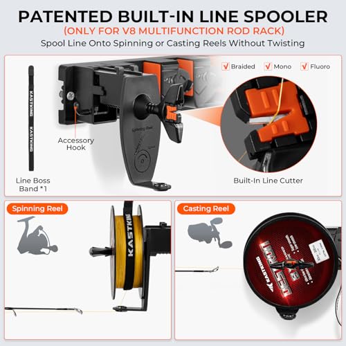 KastKing GravityLock Fishing Rod Holder, V8 & V9 2-Pack Wall Mounted Fishing Rod Rack, Holds up to 17 Fishing Rods or Combos, Universal Rod Storage System, Heavy-Duty Grip, Built-in Line Spooler