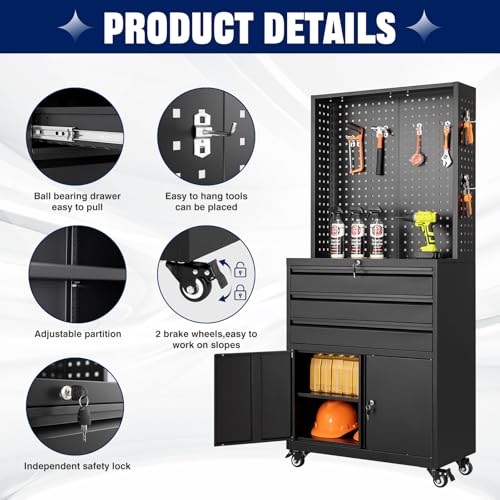 Yizosh Metal Garage Storage Cabinet with Wheels,3-Drawer Rolling Tool Cabinet with 2 Door and Adjustable Shelves,- 71" Steel Tool Cabinet for Warehouse,Garage,Workshop