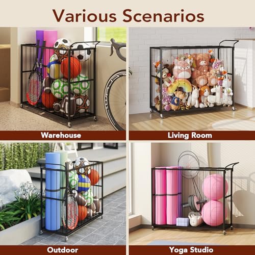 Homsorout Ball Storage Bin Rolling Sports Ball Cart, Metal Garage Organizer Sport Rack, Ball Basket Storage, Ball Cage for Garage or Gym, Indoor & Outdoor Sports Equipment Organizer（Black）