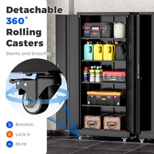 INTERGREAT Metal Storage Cabinet with Wheels, 73" Garage Storage Cabinets with Door and 4 Shelves, Tool Storage Locker on Caster for Home, Office, Black