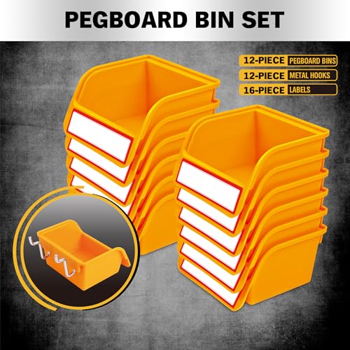 ELEAD Pegboard Bins Organizer Set 12-Pack - Durable Storage Tray for Screws, Nuts, Bolts, Hardware, Crafts, Accessories | Fits Standard Pegboards | 16 Labels for Garage Workshop Craft Room