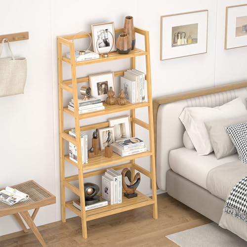 Homykic Ladder Shelf, 4-Tier Bamboo Ladder Bookshelf Small Bookcase, 49” Tall Open Display Shelves Wood Plant Stand Storage Rack for Living Room, Bathroom, Bedroom, Home Office