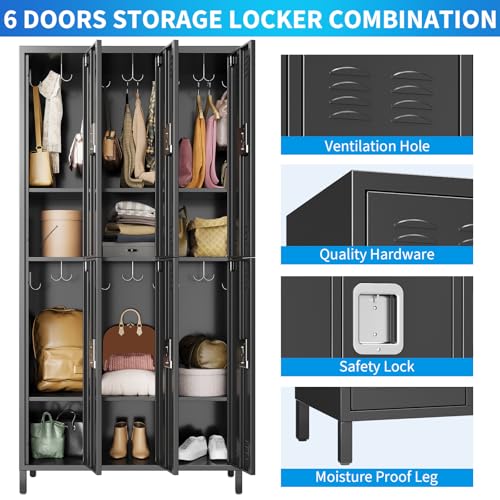 MERXENG Metal Storage Locker with 6 Doors, Metal Locker for Employees with 18 Hooks for Garage School Office Gym Home, Assembly Required, Black