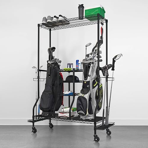 SafeRacks Golf Equipment Organizer Rack, Golf Bag Storage Rack for Garage, Fits 2 XL Bags & Accessories - Standard and Deluxe (Deluxe, Black)