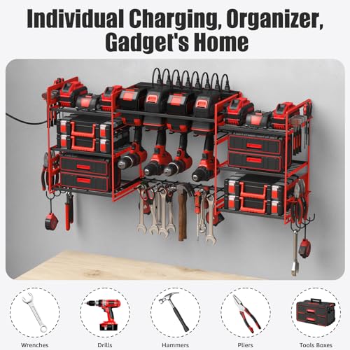 CCCEI Red Power Tool Organizer Wall Mount, Large Tools and Battery Storage Rack Charging Station Individual Switches. Drills Holder, Garage Utility Shelves with 6FT Power Strip. Gift for Men.