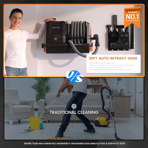 Giraffe Tools Grandstorm Wet Dry Vacuum Cleaner with 6 Nozzles, 30 FT Retractable Hose Wall Mounted Vacuum Cleaner for Car Detailing, Grey（No Remote Control Funtion）